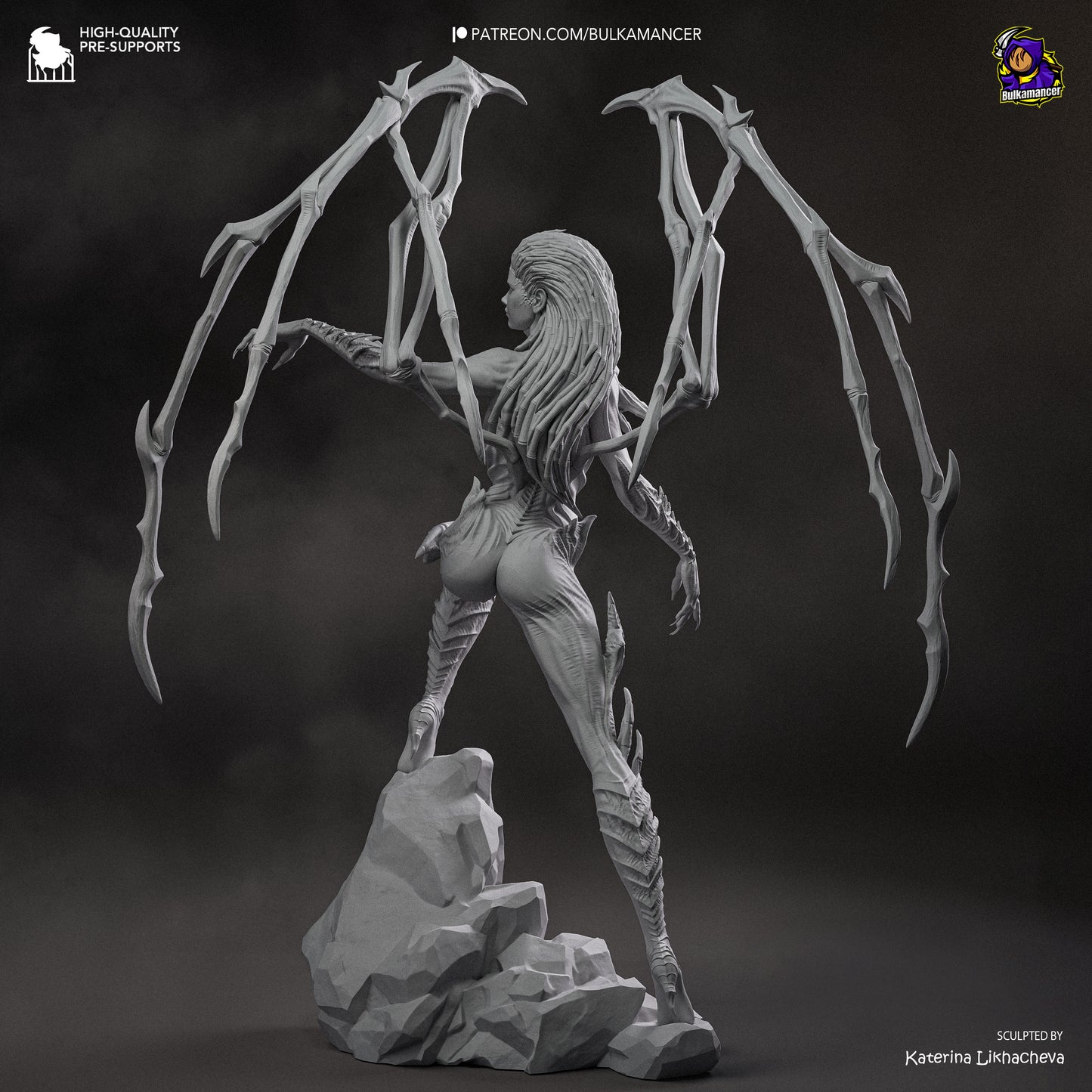 Sarah Kerrigan Queen of Blades Zerg hybrid statue back view showing wing structure and biomechanical detail