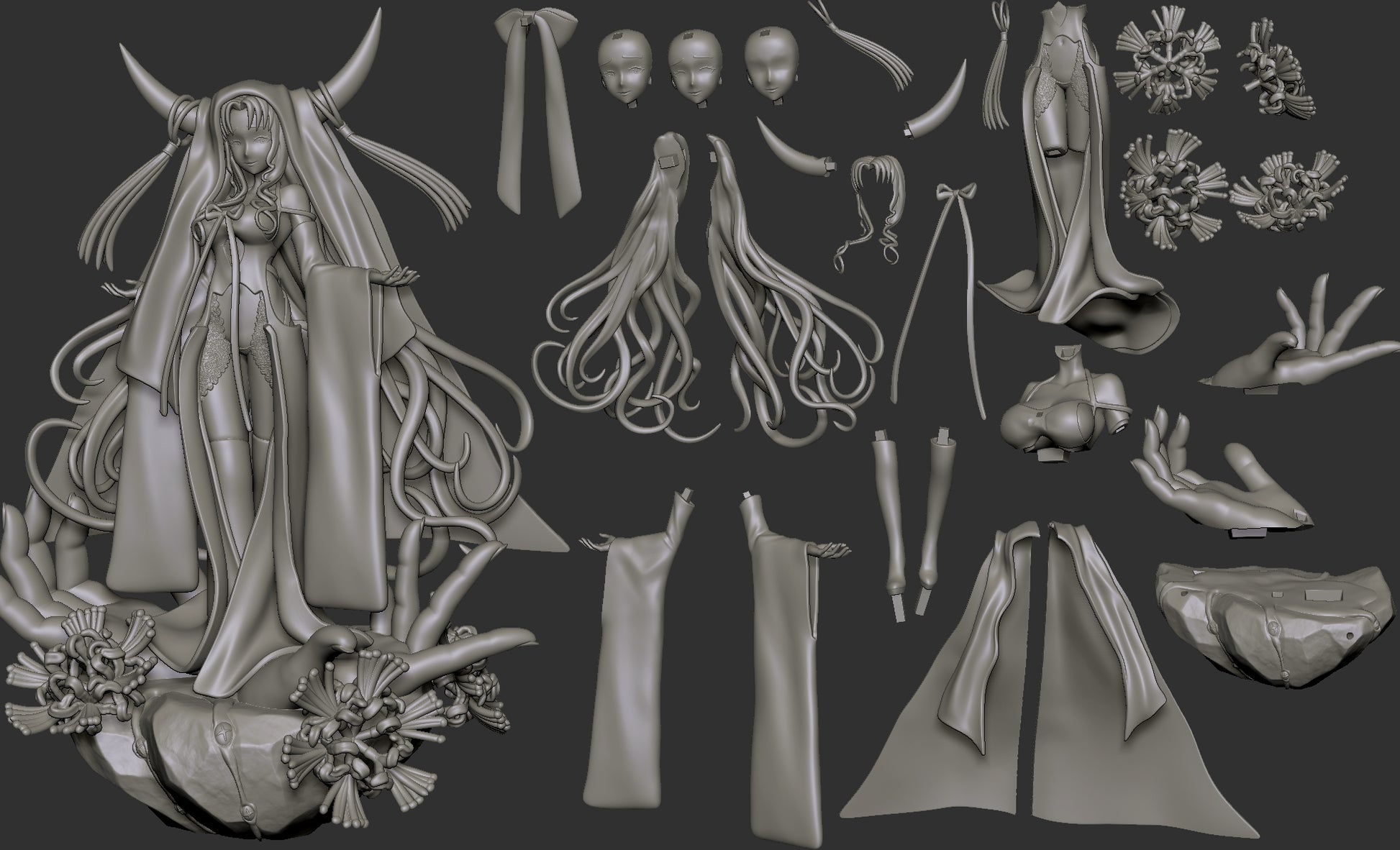 Layout showing all modular parts of the Sesshōin Kiara figure, including heads, arms, flowing hair, robe, floral base, and alternate accessories.