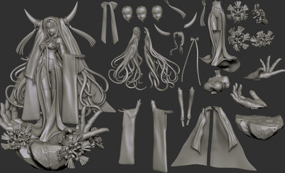 Layout showing all modular parts of the Sesshōin Kiara figure, including heads, arms, flowing hair, robe, floral base, and alternate accessories.