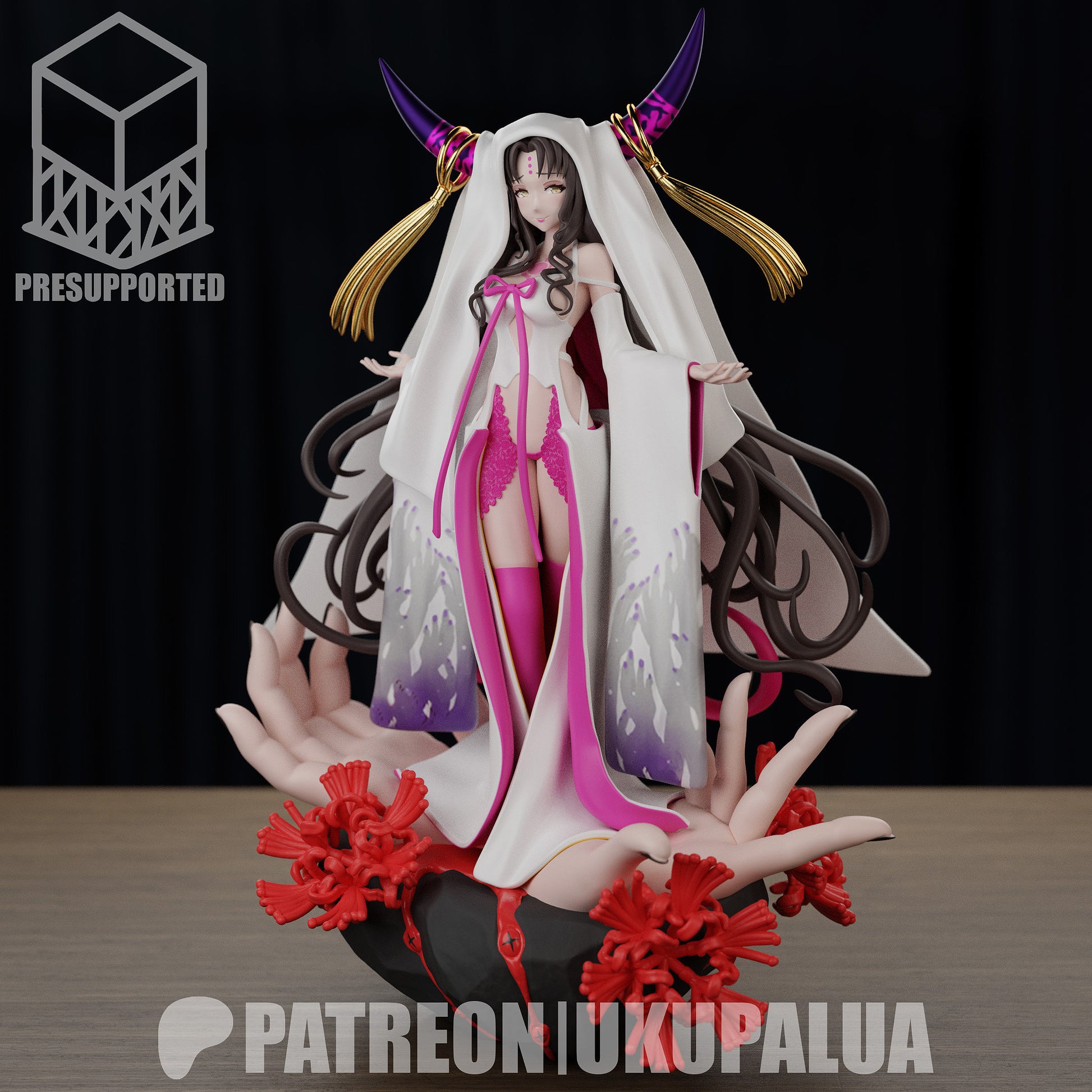 Fully painted Sesshōin Kiara figure from Fate/Grand Order with veil, dual horns, thigh-highs, and flowing hair, posed gracefully atop a blooming hand base.