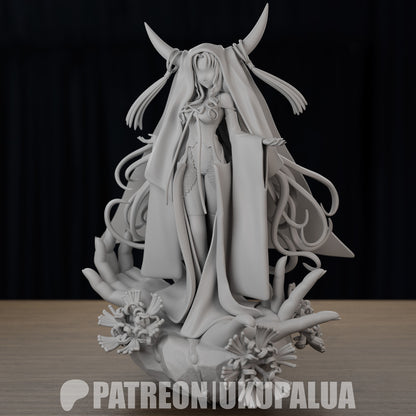 Unpainted gray render of Sesshōin Kiara in full assembly, showcasing intricate costume details, long sleeves, and ornate base design.