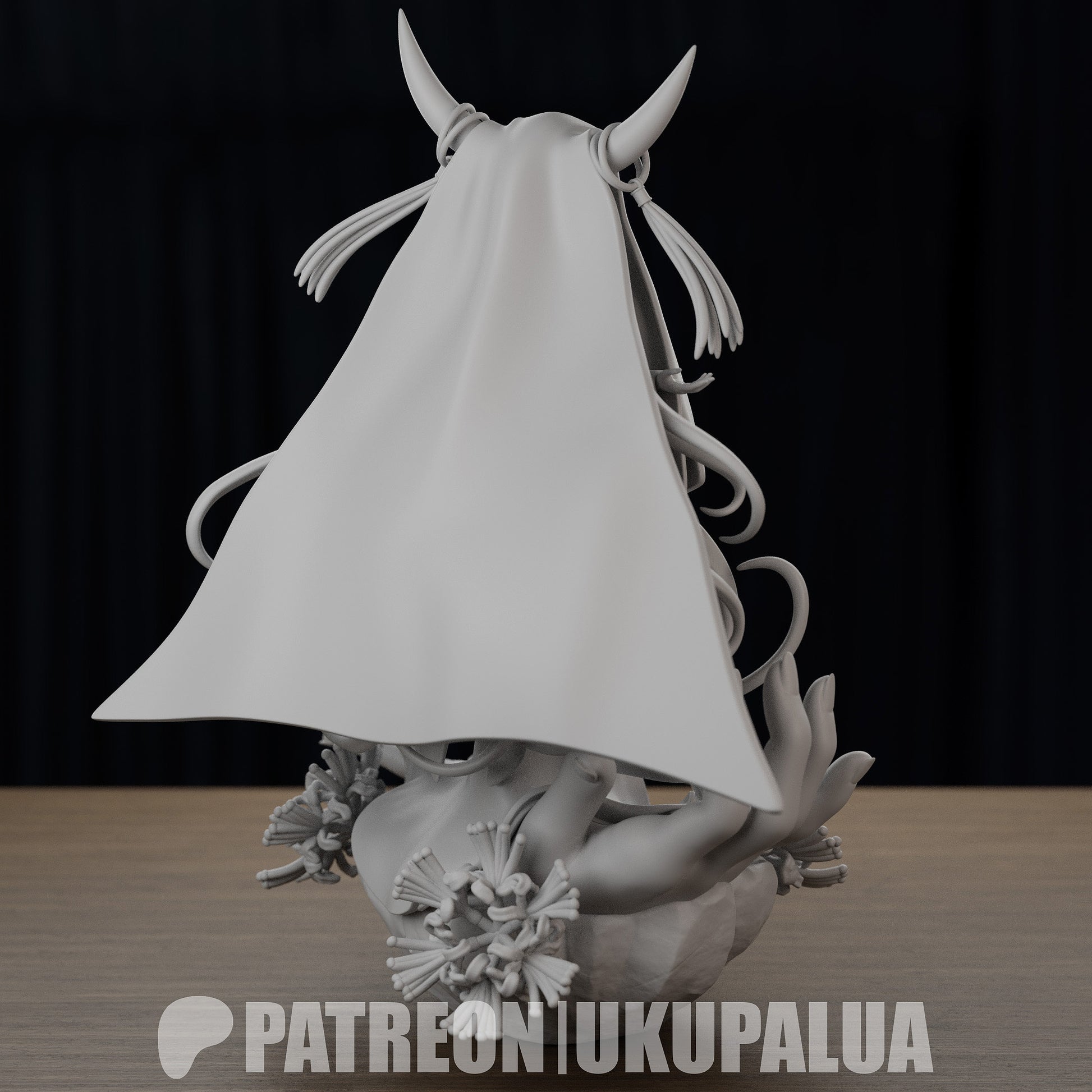 Rear view of the unpainted Sesshōin Kiara figure with her large veil draped behind and floral base visible, emphasizing the flow and volume of the design.

