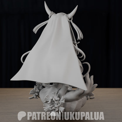 Rear view of the unpainted Sesshōin Kiara figure with her large veil draped behind and floral base visible, emphasizing the flow and volume of the design.

