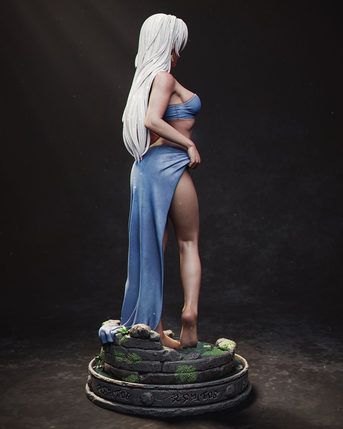 Rear view of Kida, standing gracefully with a water-themed base, showcasing her warrior essence and Atlantean heritage.