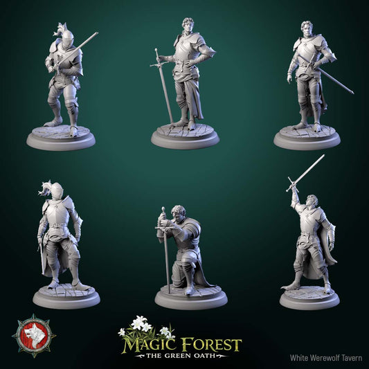 Human knight miniatures in multiple sword poses wearing full plate armor with capes and tabards, fantasy Kings Guard fighters for Dungeons and Dragons Pathfinder tabletop RPG.