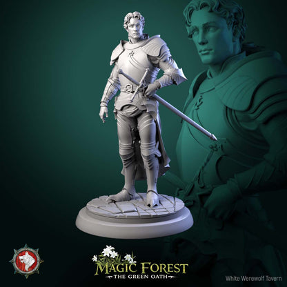 Human knight miniature holding longsword at side, wearing detailed plate armor and cloak, ready stance fighter for Dungeons and Dragons Pathfinder tabletop RPG.