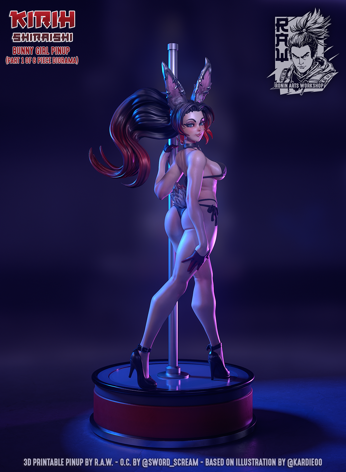 Kirih Shiraishi pinup bunny girl figurine with long flowing ponytail and bunny ears, leaning against pole
