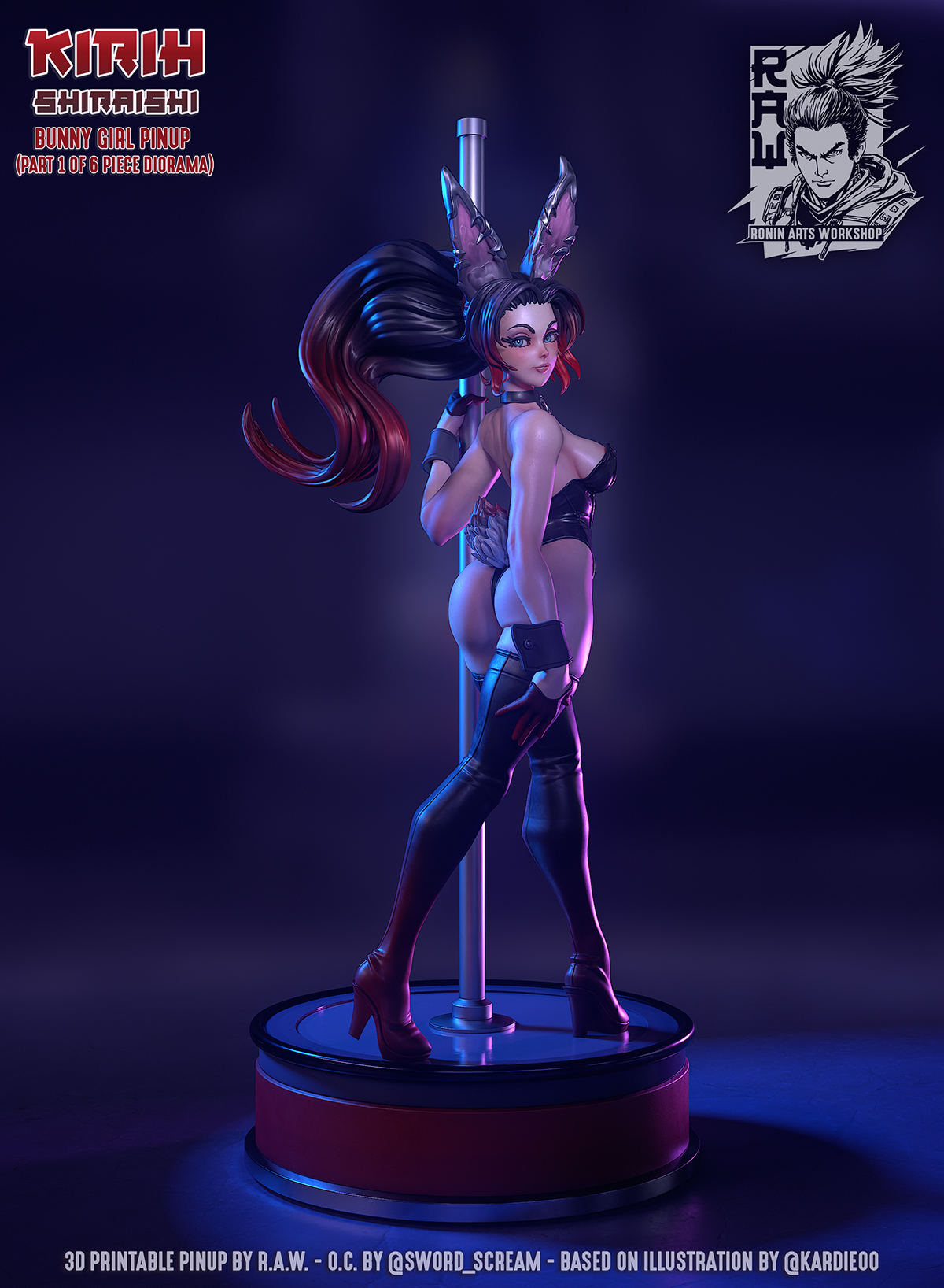 Kirih Shiraishi bunny girl figurine in black bunny suit with thigh-high boots and pole-dancing base – 75mm & 120mm scale