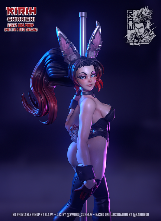 Close-up of Kirih Shiraishi bunny girl figurine with detailed face, bunny ears, and anime-inspired expression