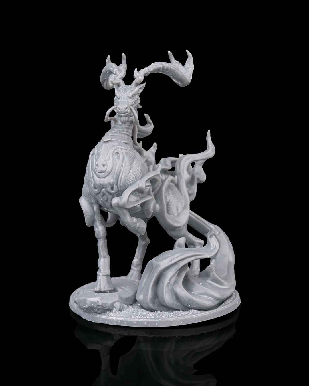 Kirin miniature front view featuring divine stag-dragon hybrid with ornate antlers and swirling spirit energy sculpted across its form.
