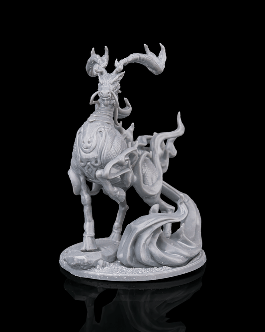 Kirin miniature front view featuring divine stag-dragon hybrid with ornate antlers and swirling spirit energy sculpted across its form.