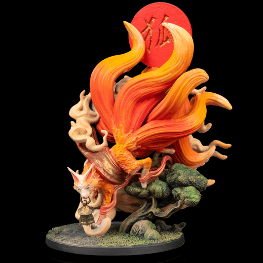 Painted Kitsune miniature showing fiery red-orange tails, fox spirit holding a bell in its mouth, and a forest temple base with mystical flair.