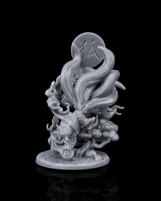 Unpainted Kitsune miniature featuring a fox spirit with flowing tails and a temple base adorned with mystic smoke and engraved symbol.