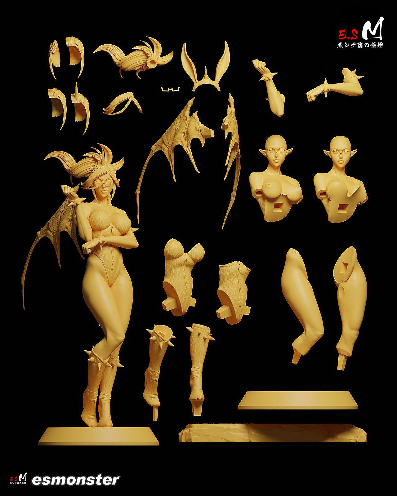 Kneesocks statue parts layout – 1:6 scale figure – demon girl collectible with wings, horned head options, arm and leg pieces, spiked accessories, and display base.