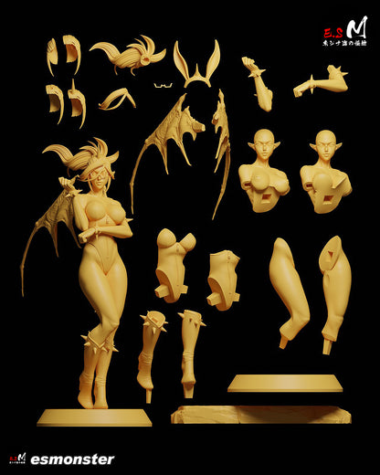 Kneesocks statue parts layout – 1:6 scale figure – demon girl collectible with wings, horned head options, arm and leg pieces, spiked accessories, and display base.
