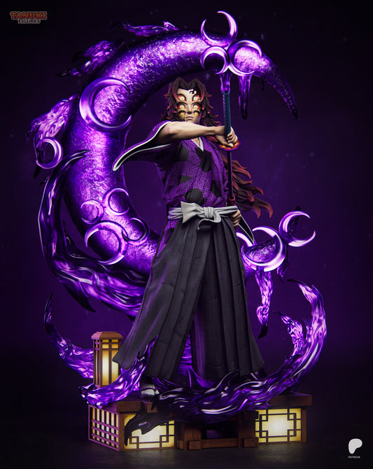 Kokushibo Demon Slayer 1:6 scale figure back view showing long layered hair, patterned robe, crescent moon energy ring, swirling purple flame effects, and lantern-style display base.