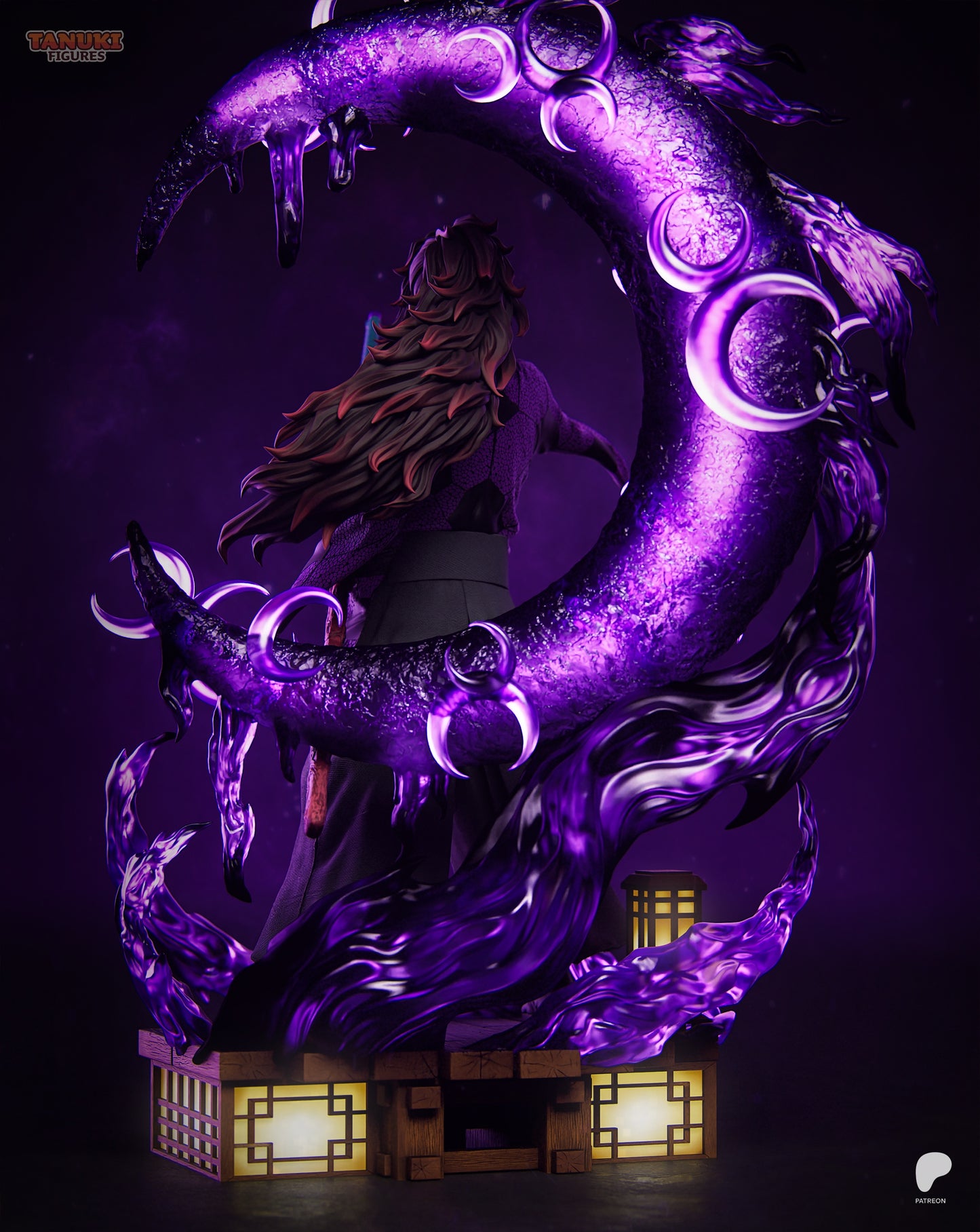 Kokushibo Demon Slayer 1:6 scale figure close-up showing six-eye demon face, detailed hair sculpt, patterned robe texture, and katana hilt with purple energy background.