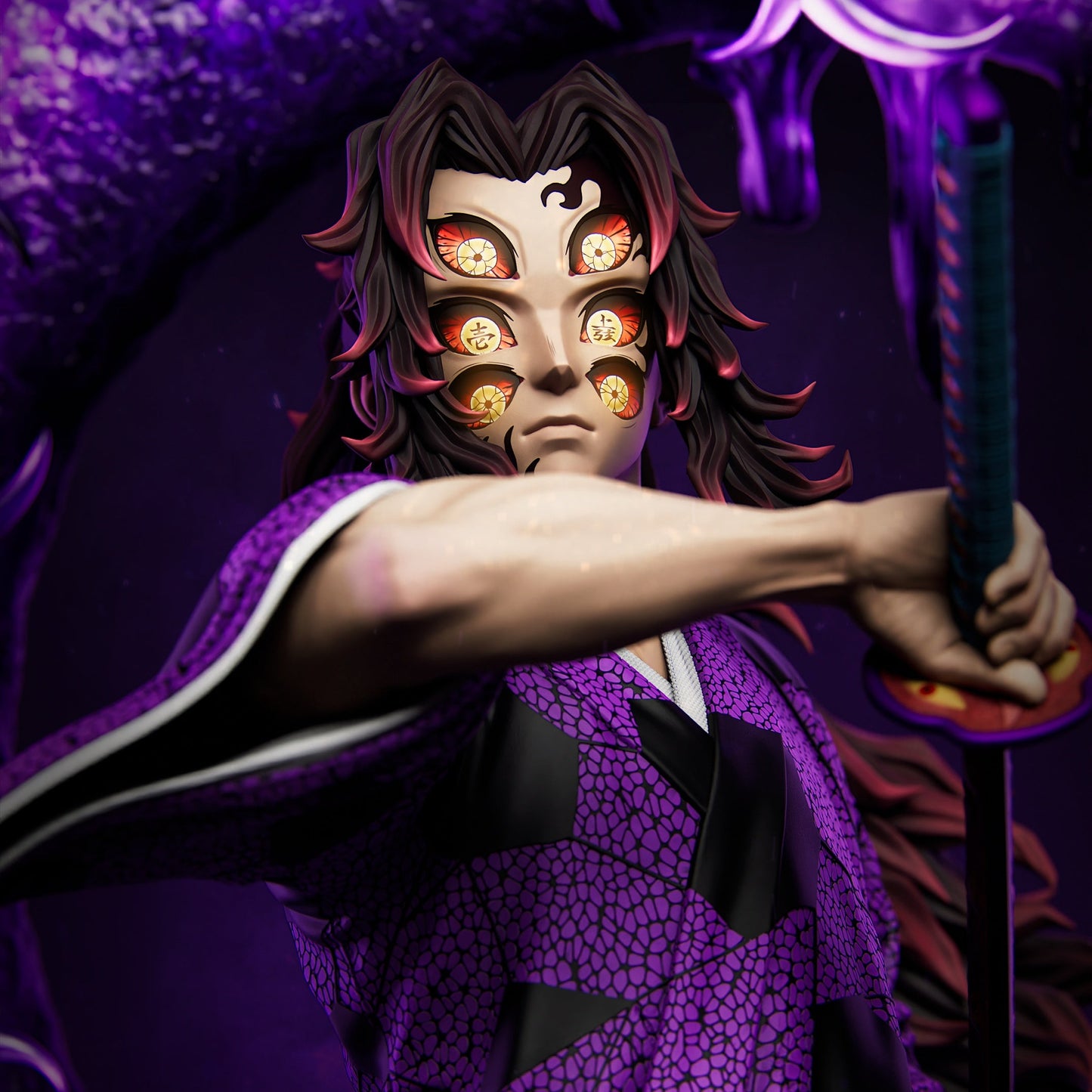 Kokushibo Demon Slayer 1:6 scale figure front view with six-eye demon face, katana drawn pose, detailed patterned robe, flowing hair, and large purple crescent moon energy base with flame effects and lantern display stand.