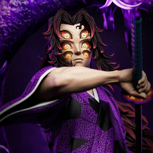 Kokushibo Demon Slayer 1:6 scale figure front view with six-eye demon face, katana drawn pose, detailed patterned robe, flowing hair, and large purple crescent moon energy base with flame effects and lantern display stand.