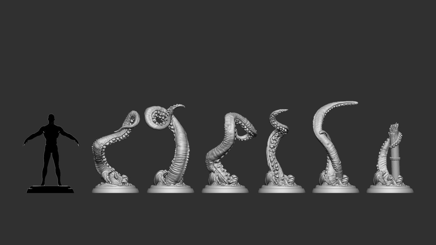 Kraken tentacle terrain scale comparison showing multiple tentacle poses beside humanoid silhouette, modular sea monster terrain, tabletop ocean encounter accessories