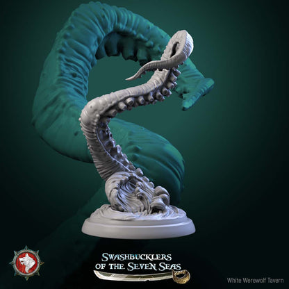 Kraken tentacle terrain piece featuring thick curling tentacle emerging from waves, suction-cup detail, modular sea monster terrain, fantasy naval encounter