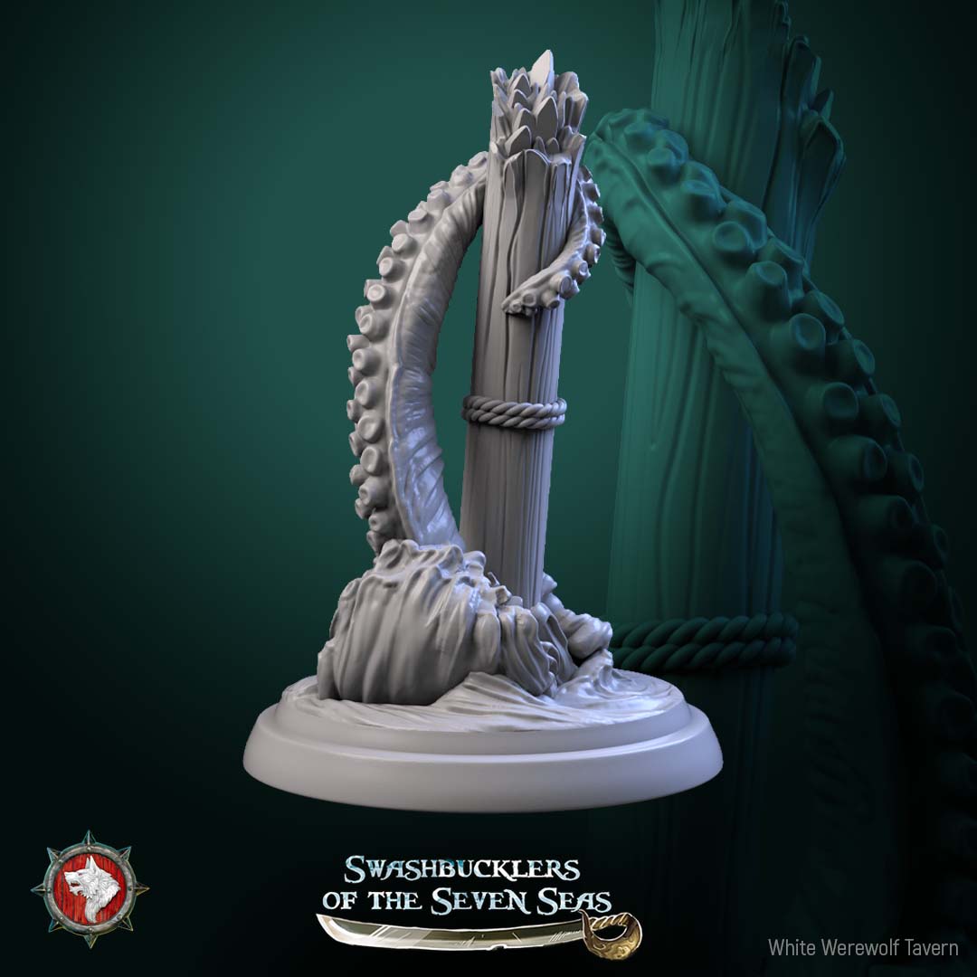 Kraken tentacle terrain featuring tentacle wrapped around broken mast, shipwreck detail, modular sea monster terrain, fantasy ocean encounter accessory