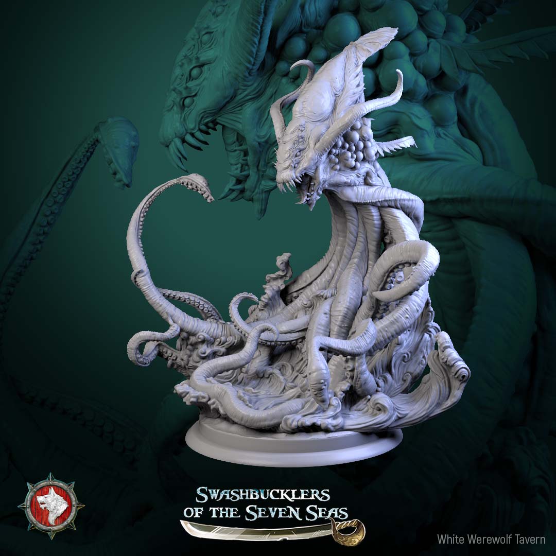 Kraken miniature showing towering ocean monster with multiple tentacles, armored head crest, rising from waves, mythic sea horror, fantasy tabletop boss monster