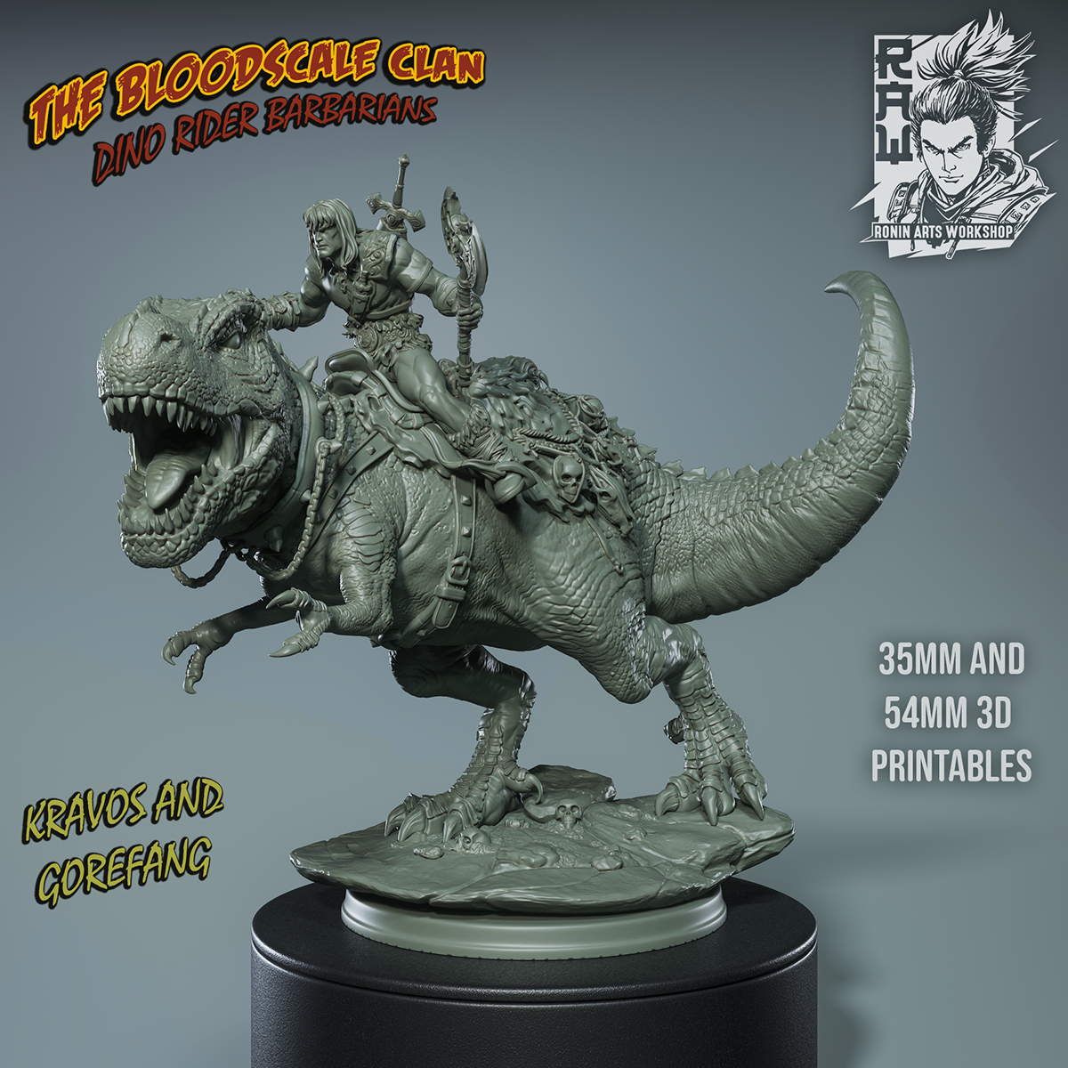 Unpainted render of Kravos riding Gorefang the T-Rex, wielding axe and sword atop a snarling, armored dinosaur mount.