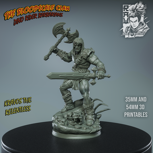 Unpainted standalone Kravos figure posed with oversized sword and battle axe, standing on a base of bones and skulls.