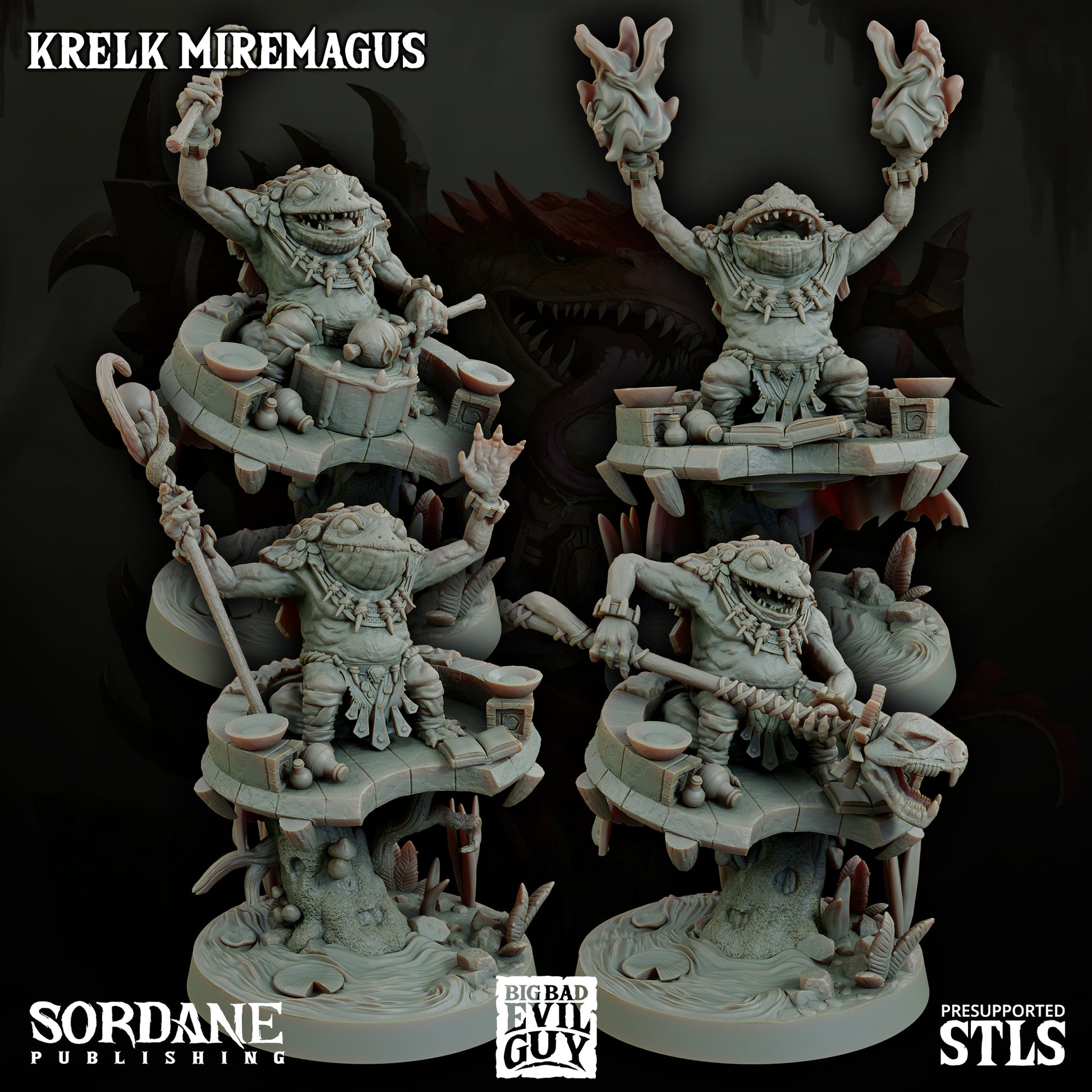 Multiple Krelk Miremagus miniatures in various poses on swamp-themed altars, each with ritualistic details.