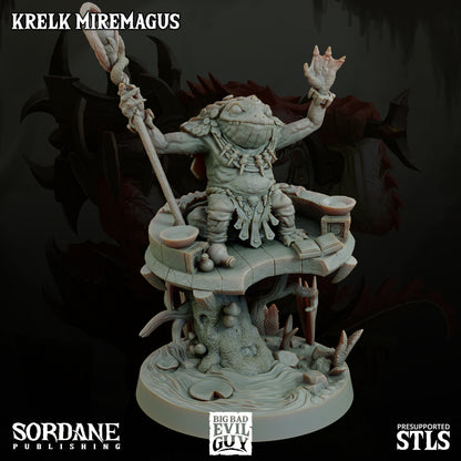 A Krelk Miremagus performing a ritual, hands raised, with an altar depicting swampy textures and artifacts.