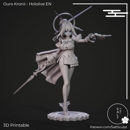 Front view of Ouro Kronii figure posed pointing forward, wearing a short dress, cape, and clock halo.