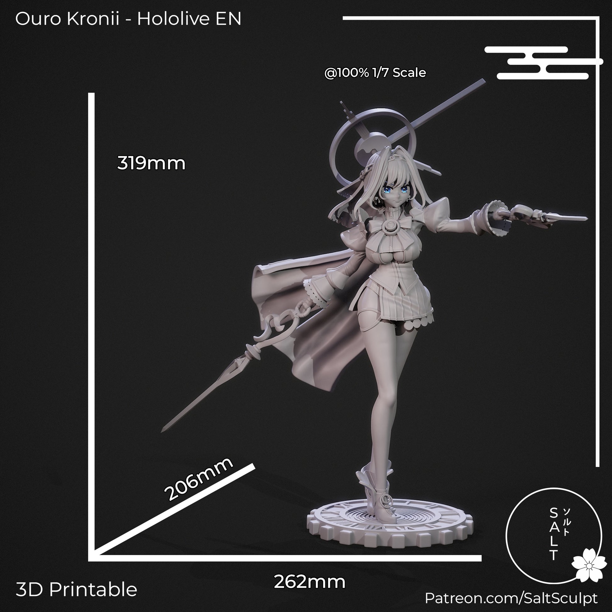 Unpainted full figure of Ouro Kronii showing scale measurements and pose with staff extended and gear base.
