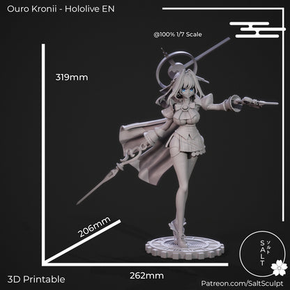 Unpainted full figure of Ouro Kronii showing scale measurements and pose with staff extended and gear base.