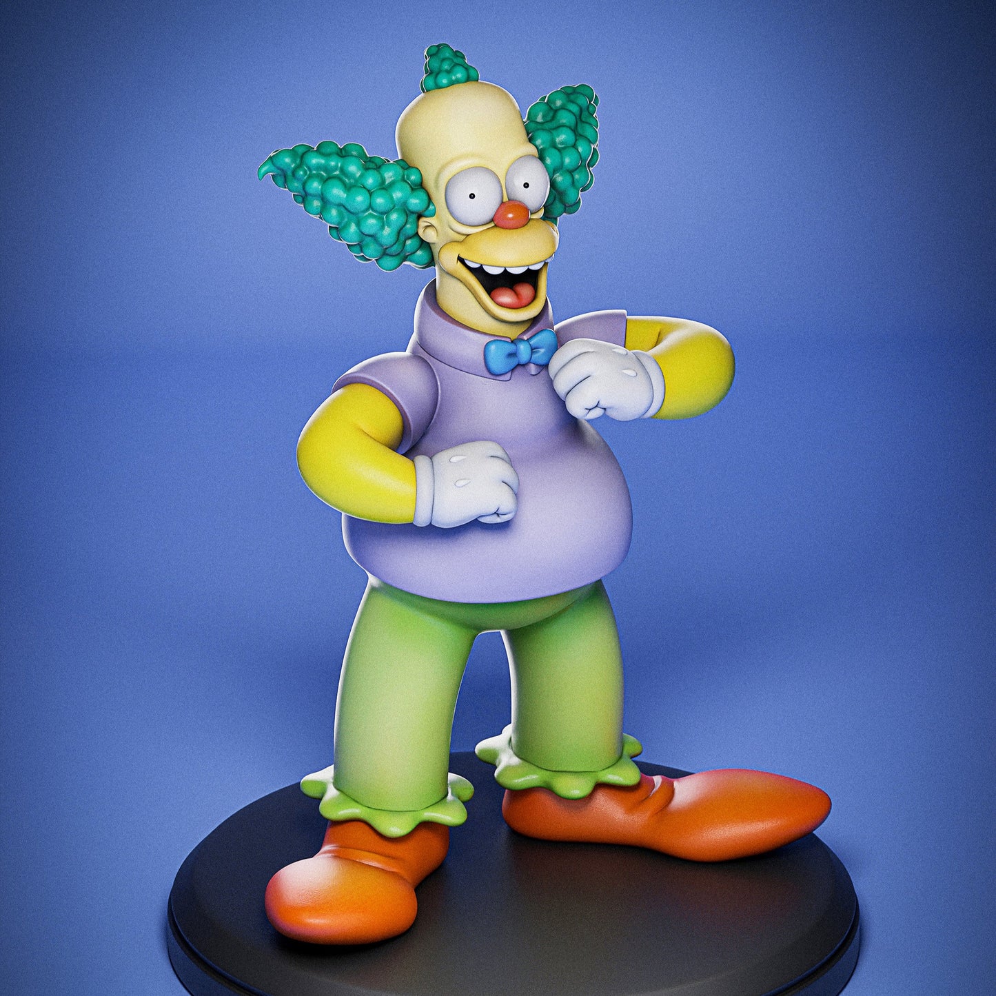 Front view of Krusty the Clown collectible figurine with arms raised, mouth open, poofy hair, bowtie, green pants, and oversized red shoes