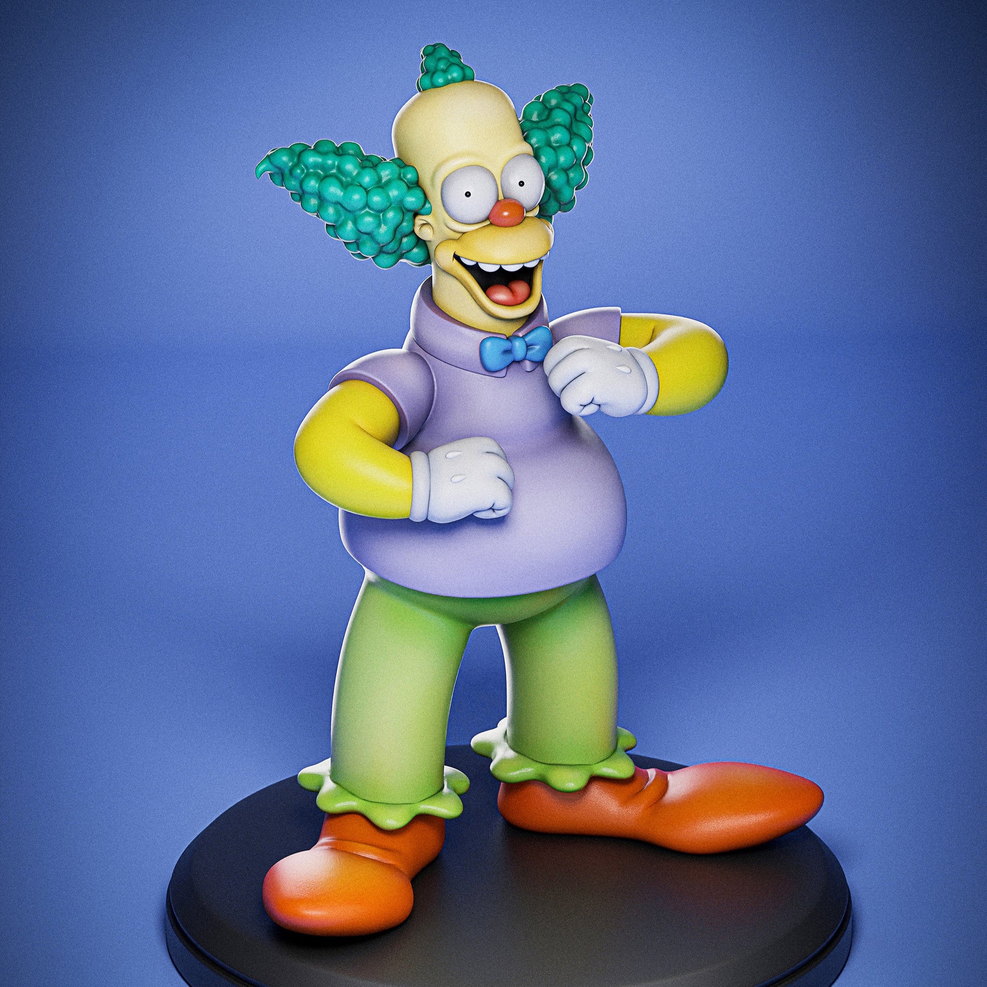 Front view of Krusty the Clown collectible figurine with arms raised, mouth open, poofy hair, bowtie, green pants, and oversized red shoes