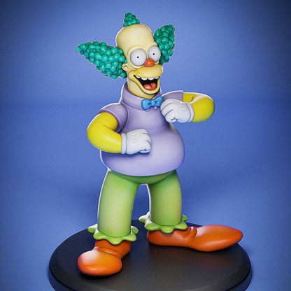 Front view of Krusty the Clown collectible figurine with arms raised, mouth open, poofy hair, bowtie, green pants, and oversized red shoes