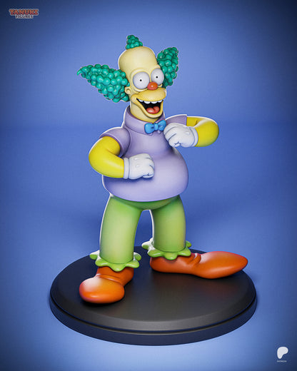 Front view of Krusty the Clown collectible figurine with arms raised, mouth open, poofy hair, bowtie, green pants, and oversized red shoes