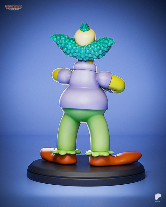 Rear view of Krusty the Clown figurine showing detailed green curly hair, purple shirt, and bright green pants with frilled cuffs