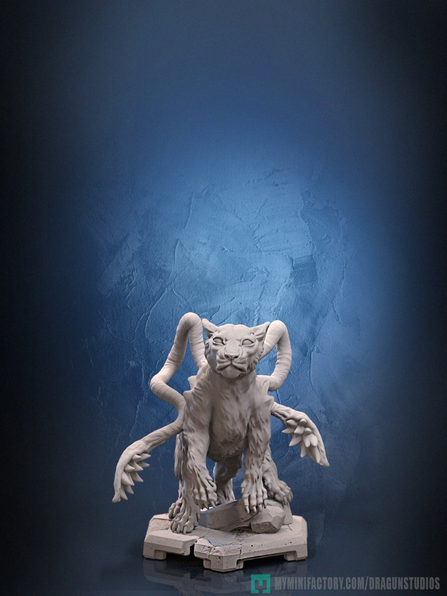 A displacer beast miniature standing on a rocky base, featuring a feline form with multiple tentacle-like appendages ending in barbed tips. The creature's stance is poised, capturing the essence of a predatory, mystical beast with a sleek, muscular build.