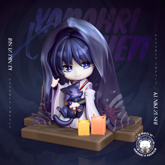 Kunikuzushi chibi collectible figure seated under hood holding cat companion