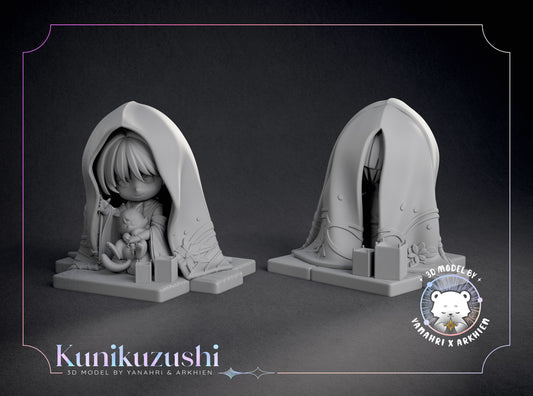 Kunikuzushi chibi front view hooded cloak seated pose