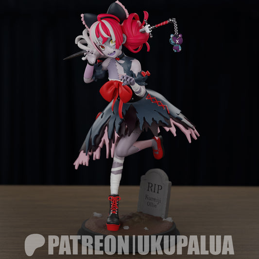 Painted Kureiji Ollie Hololive figure with red and white hair, torn dress, dagger, and RIP gravestone base – 1:7 scale anime collectible figure.