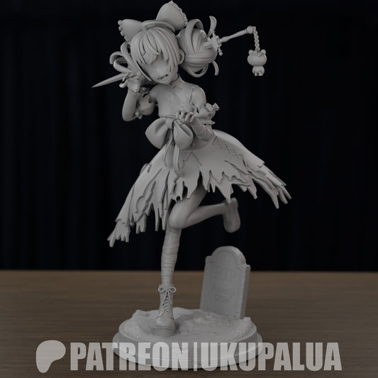 Unpainted Kureiji Ollie Hololive figure showing zombie idol in tattered outfit holding a dagger, posed on graveyard base – 1:7 scale anime figure.