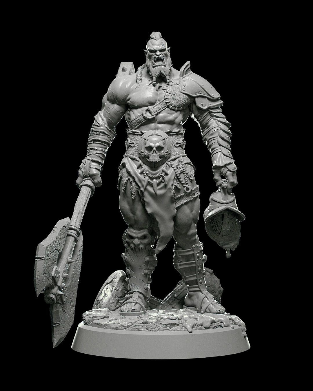 Kurk the Obliterator miniature, an imposing orc warrior holding a large axe and a decapitated head, wearing heavy armor with skull decorations, standing in a battle-ready pose.