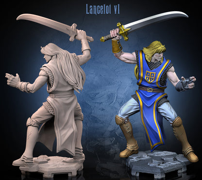 Lancelot inspired miniature shown in multiple views, depicting a male knight in chainmail and tabard with long hair, curved sword raised in an attack stance, layered armor, and stone base; suitable for fantasy tabletop RPGs like Dungeons and Dragons and Pathfinder.