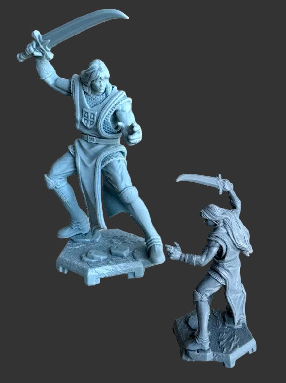 Lancelot inspired physical miniatures in two sizes showing a male knight with long hair, chainmail, curved sword, tabard, and stone base; suitable for tabletop RPG encounters and display.