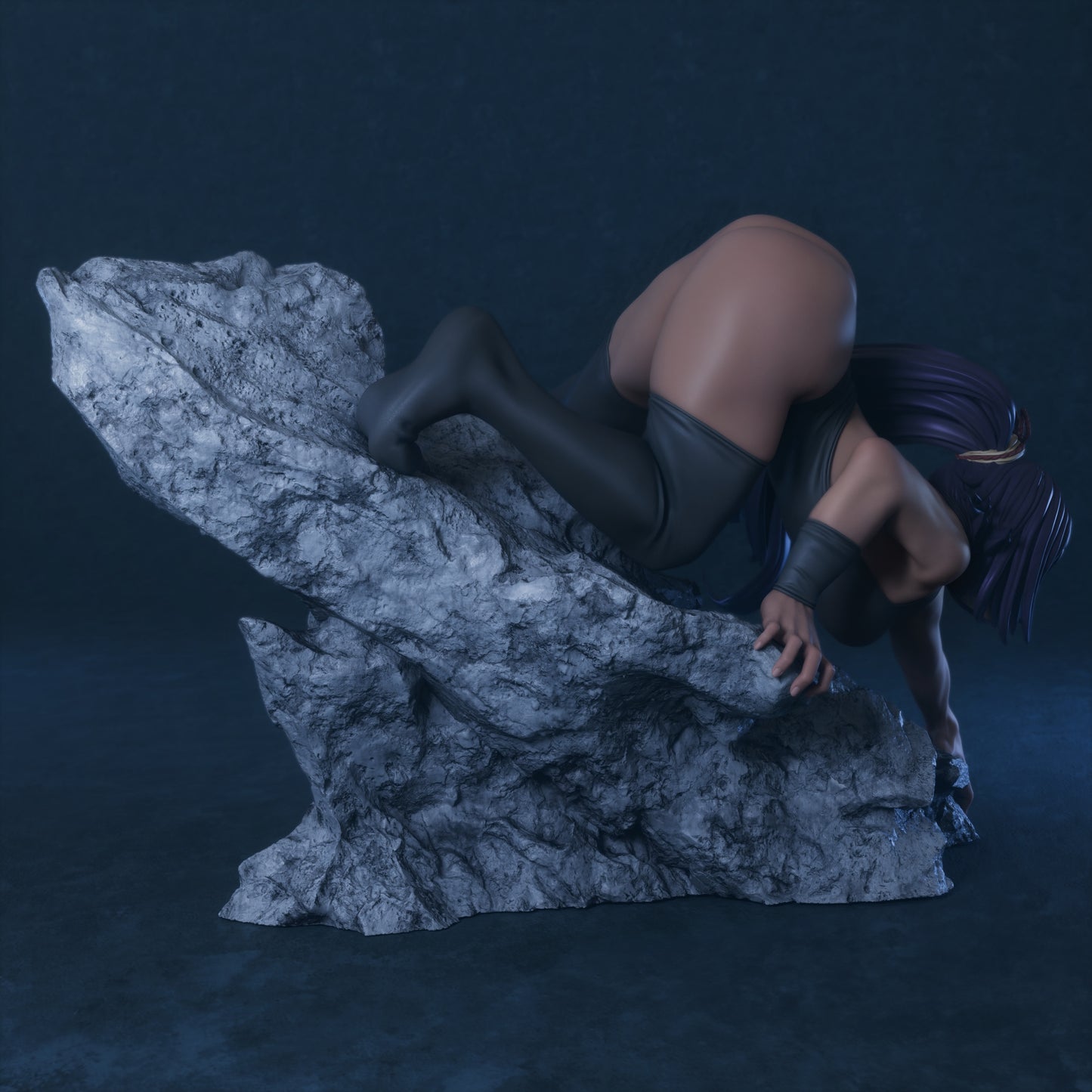 Side view of Yoruichi on rocky base, crouched with one knee up, showing tension in pose and dynamic curvature of her stance.