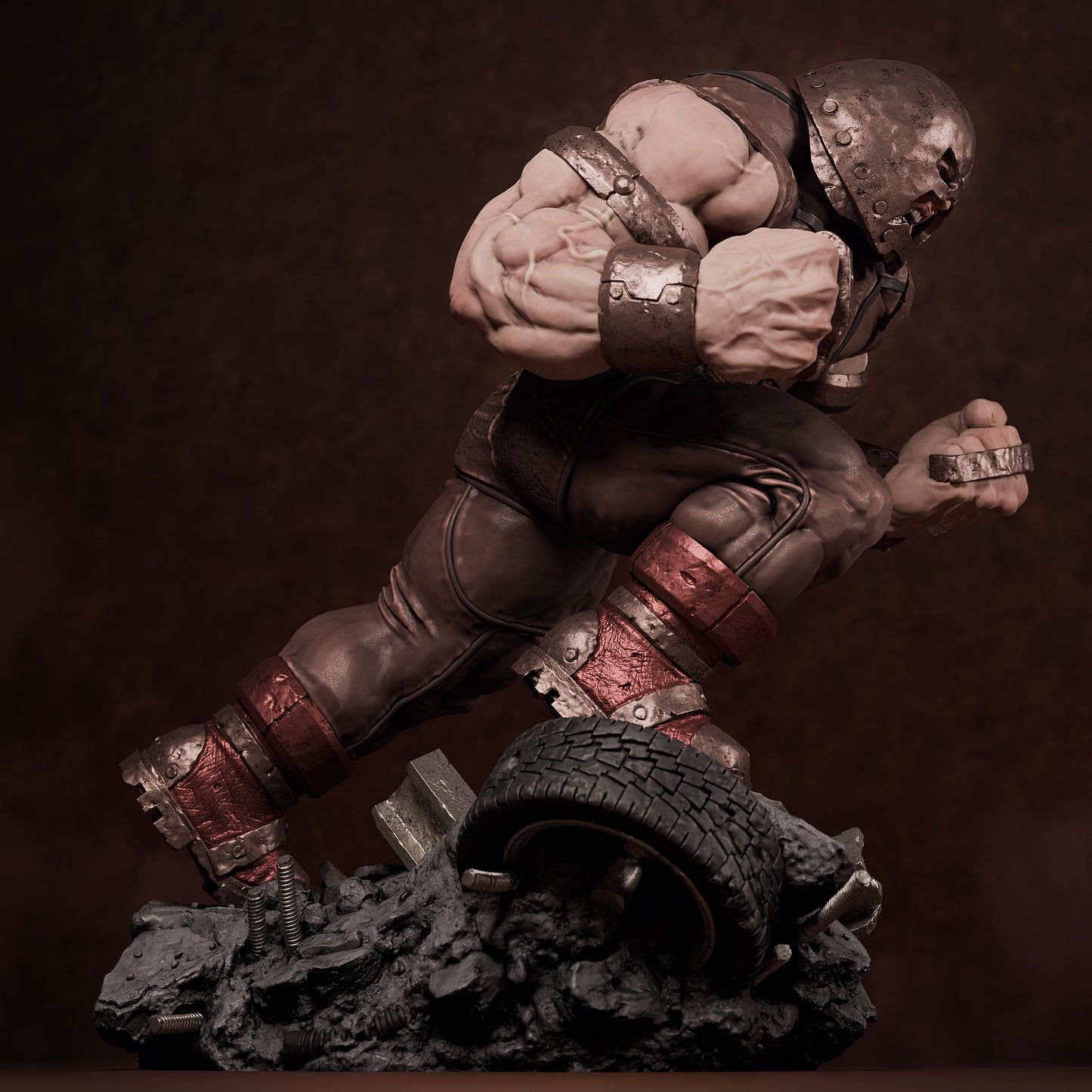 Side profile of painted Juggernaut collectible figure mid-run, displaying arm muscles, clenched fists, and grounded stance on rocky debris.