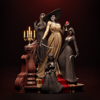 Lady Dimitrescu and Sisters Resident Evil 1:6 figure painted render with Lady Dimitrescu holding wine glass, daughters armed with sickle blades, candelabra, and detailed staircase.